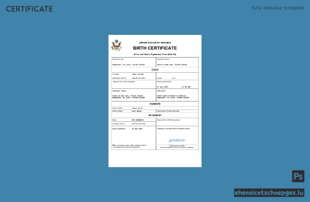 US-Geburtsurkunde: Beispielvorschau in Word und PDF